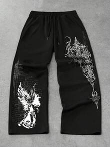 ROMWE MEN Street Life Pantalones de chándal casuales para hombre talla grande con estampado de cruz y cintura con cordón - Negro - Ver 7