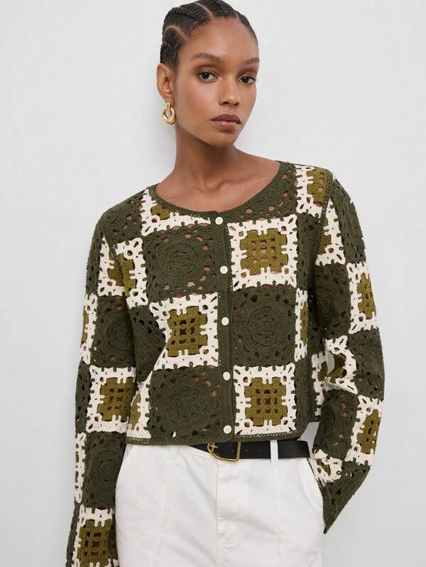Maija Contrast Color Summer Fall Crochet Square Checkered Vacation Women's Knit Cardigan Vacation Dark Green Autumn 2000s Boho