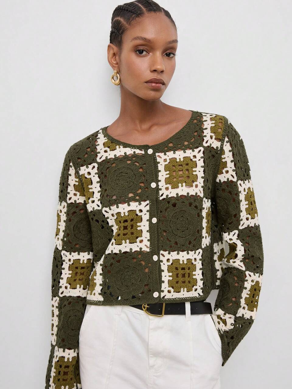 SHEIN Maija Contrast Color Summer Fall Crochet Square Checkered Vacation Women's Knit Cardigan Vacation Dark Green Autumn 2000s Boho