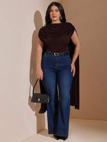 SHEIN BAE CURVE 大尺碼女款棕色抓皺綁帶連身衣，優雅連身衣 - 棕色 - 查看 3