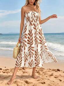 SHEIN Swim 夏季泳裝新品 度假風 優雅熱帶極簡休閒鄉村風 女款米白色葉片花卉平口抓皺開衩露肩洋裝 - 棕色 - 查看 5