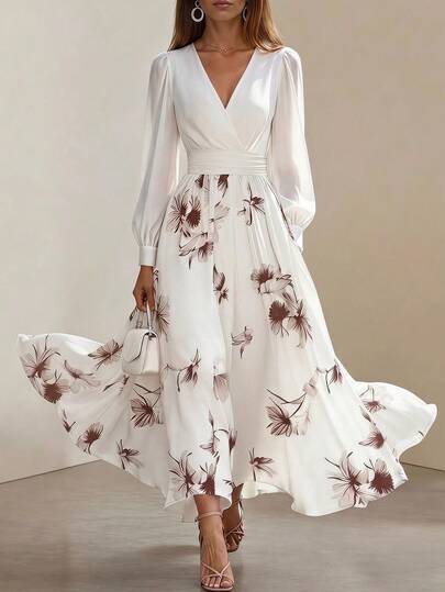 Editum AB Patchwork Garden Party Anniversary Wedding V-Neck Long Sleeve Waist Cinched Elegant Romantic Midi Dress Suitable For Work White Floral Autumn Women