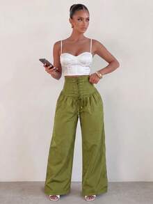 Sirith Women's Solid Color High Waist Eyelet Lace-Up Wide Leg Long Pants - Army Green - View 3