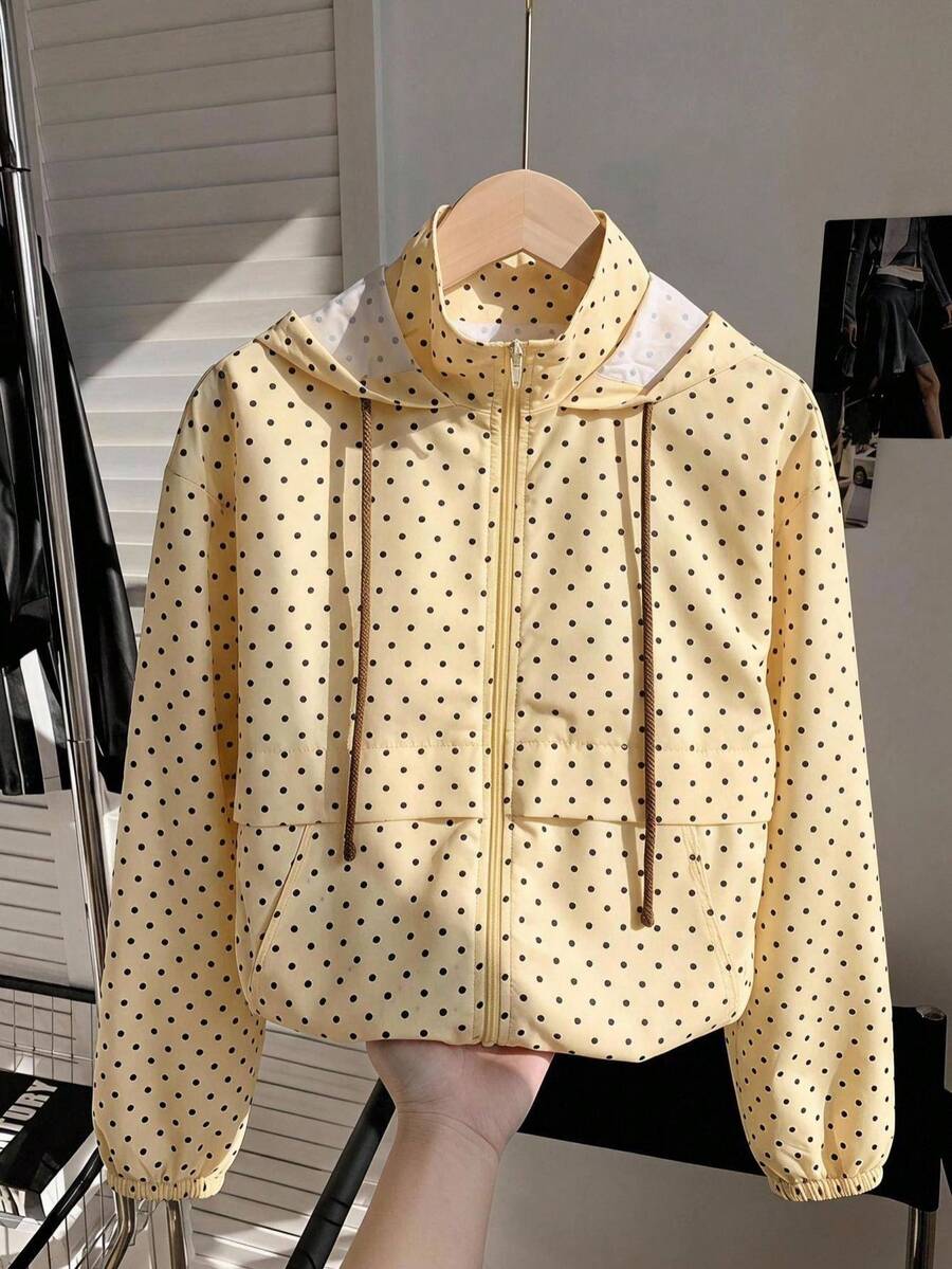 SHEIN EZwear Women's Polka Dot Pattern Long Sleeve Zip-Up Hooded Jacket - Black and White - View 1