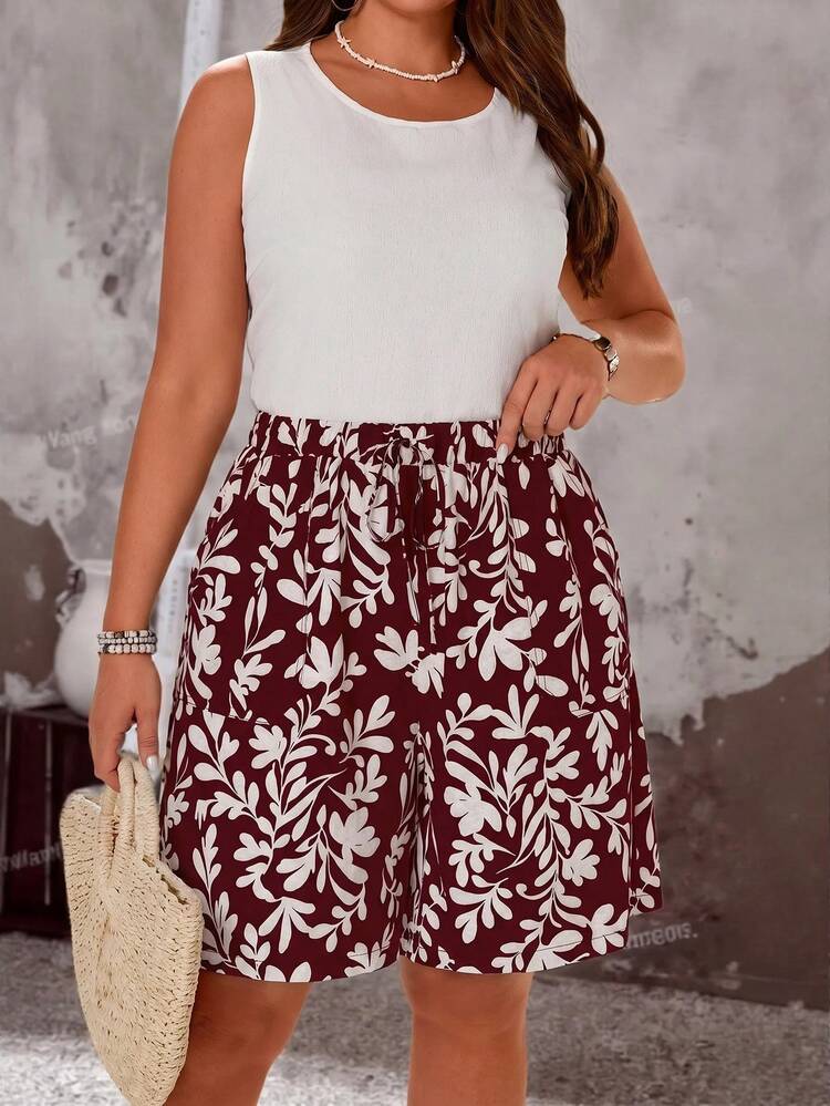 EMERY ROSE Plus Size Women's Texture Striped Elastic Waist Drawstring Pocketed Straight Shorts For Su - Burgundy - View 8