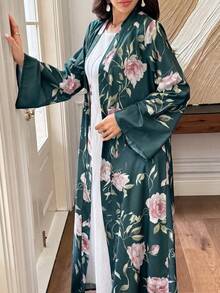 Al Najma 淺綠色花卉印花優雅日常通勤女款長袍 - 墨綠色 - 查看 6