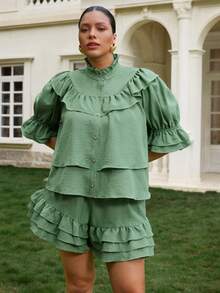 VOLUPTÉ CURVE Plus Size Women's Summer Green Faux Linen Stand Collar Puff Sleeve Set, Ruffle Crop Casual Commute Vacation Two Pieces Set Fall - Green - View 3