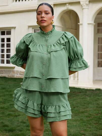 VOLUPTÉ CURVE Plus Size Women's Summer Green Faux Linen Stand Collar Puff Sleeve Set, Ruffle Crop Casual Commute Vacation Two Pieces Set Fall