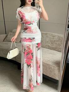 Modelyn 白色網紗花卉印花百褶優雅長洋裝，適合女性，婚禮與度假穿著 - 白色 - 查看 5