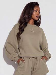 Avantive Women's Fashion Embroidered Long Sleeve Sweatshirt And Drawstring Waist Pocket Shorts 2 Pieces Set Airport Khaki Autumn Casual - Mocha Brown - View 6
