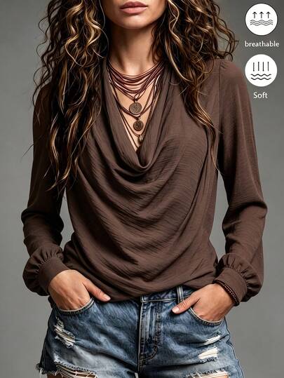 Trelyra Vintage Brown Cowl Neck Puff Long Sleeve Blouse For Women, Draped Draped Neck, Elegant, Comfortable Loose Fit Shirt With Textured Surface Finish - Perfect For Autumn/Winter Casual Wear, Commuting, Outings, Women's Tops, Women's Autumn/Winter Clothing