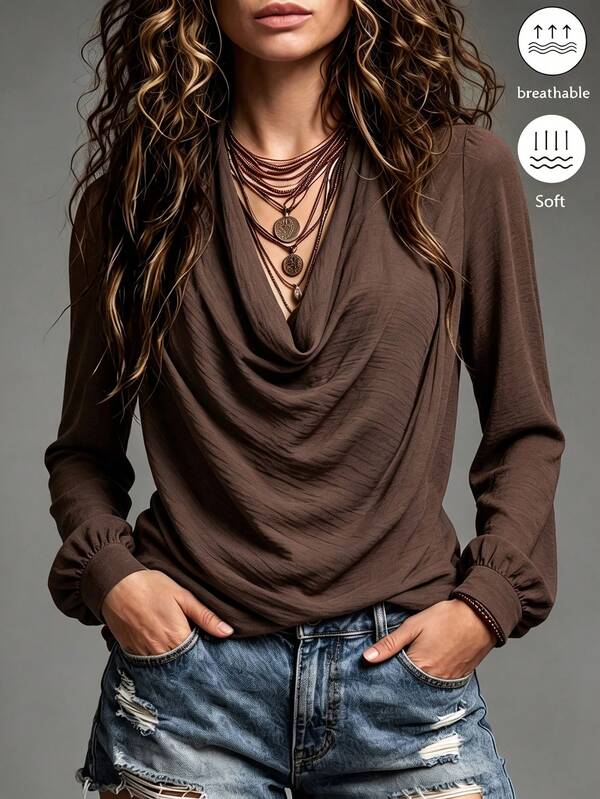 Trelyra Vintage Brown Cowl Neck Puff Long Sleeve Blouse For Women, Draped Draped Neck, Elegant, Comfortable Loose Fit Shirt With Textured Surface Finish - Perfect For Autumn/Winter Casual Wear, Commuting, Outings, Women's Tops, Women's Autumn/Winter Clothing
