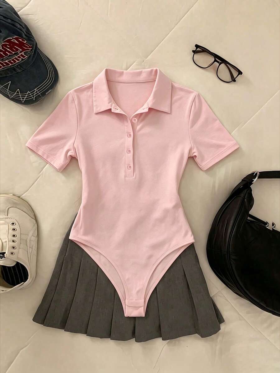 Franclia Women's Solid Color Button Half-Placket Short Sleeve Casual Bodysuit - Pink - View 1