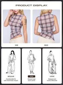 COUREZ Asymmetric Mesh Sheer Check Top Y2K 2000s Streetwear Going Out Day Time Everyday Rave Outfits Summer Grey Plaid Fall Women Back-To-School - Multicolor - View 8