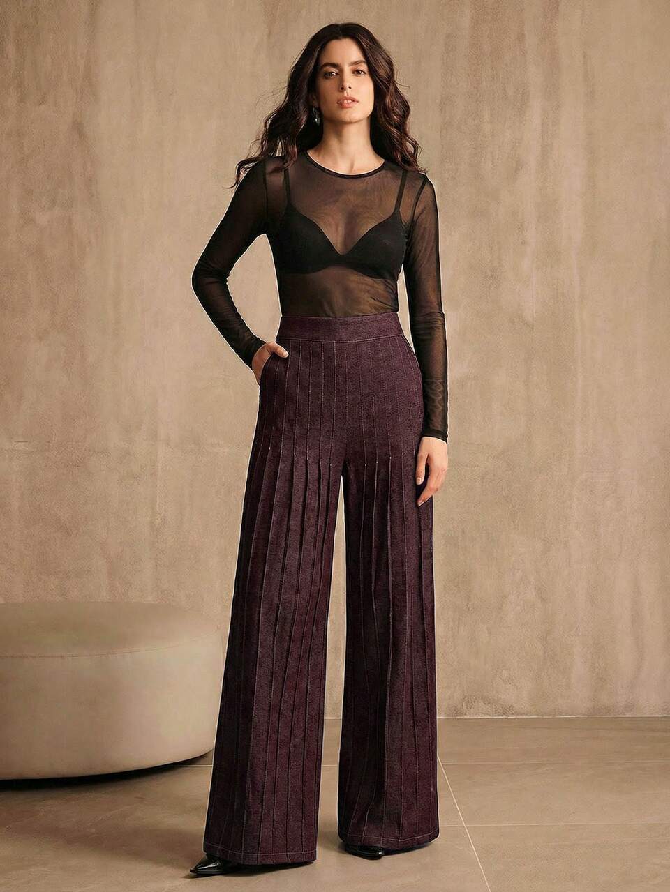 Anewsta Women's Elegant Vacation, Valentine's Day, Women's Day, Mother's Day, Birthday, Evening Date Vintage Denim Effect Long Pants, Wide Leg Summer Pants Pleated Wide Leg Pants, Vintage Fashion Wide Leg Denim Effect Long Pants