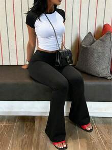INAWLY Solva 2pcs Women Summer Set: Raglan Sleeve Top And Flare Pants - Black - View 5