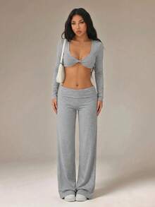 SHEIN PETITE Black High Waist Wide Leg Loose Casual Pants - Grey - View 9