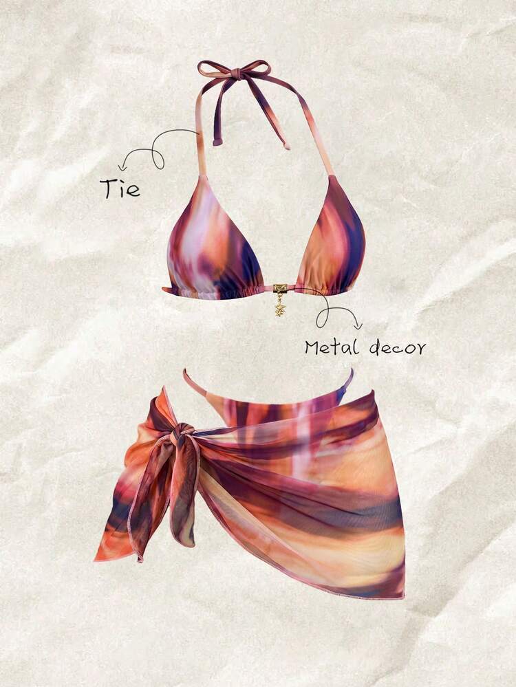 Elavelle Women's Spring/Summer Random Print Halter Neck Skirt 3-Piece Bikini Set - Multicolor - View 4