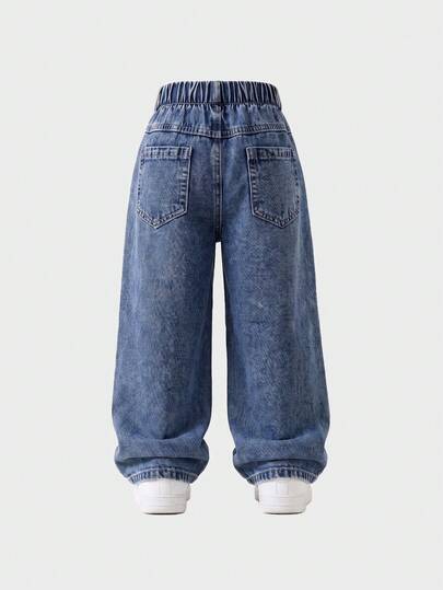 Young Girl Denim Jeans, All-Season New Style, Cute & Fun Design, Vintage Dark Blue Washed Denim, Elastic Waistband, Pink Heart Embroidery With Snow Wash Effect, Loose Straight Leg Fit, Fashionable Suitable For Vacation And Outings, All-Season New Young Girl Denim Jeans