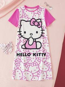 HELLO KITTY AND FRIENDS | SHEIN 青少年女孩圓領字母卡通印花休閒居家睡裙 - 粉色 - 查看 1