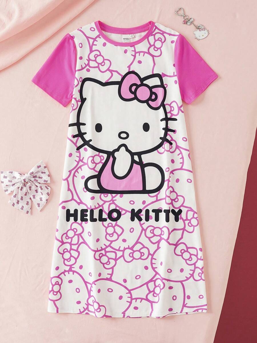 HELLO KITTY AND FRIENDS | SHEIN 青少年女孩圓領字母卡通印花休閒居家睡裙 - 粉色 - 查看 1