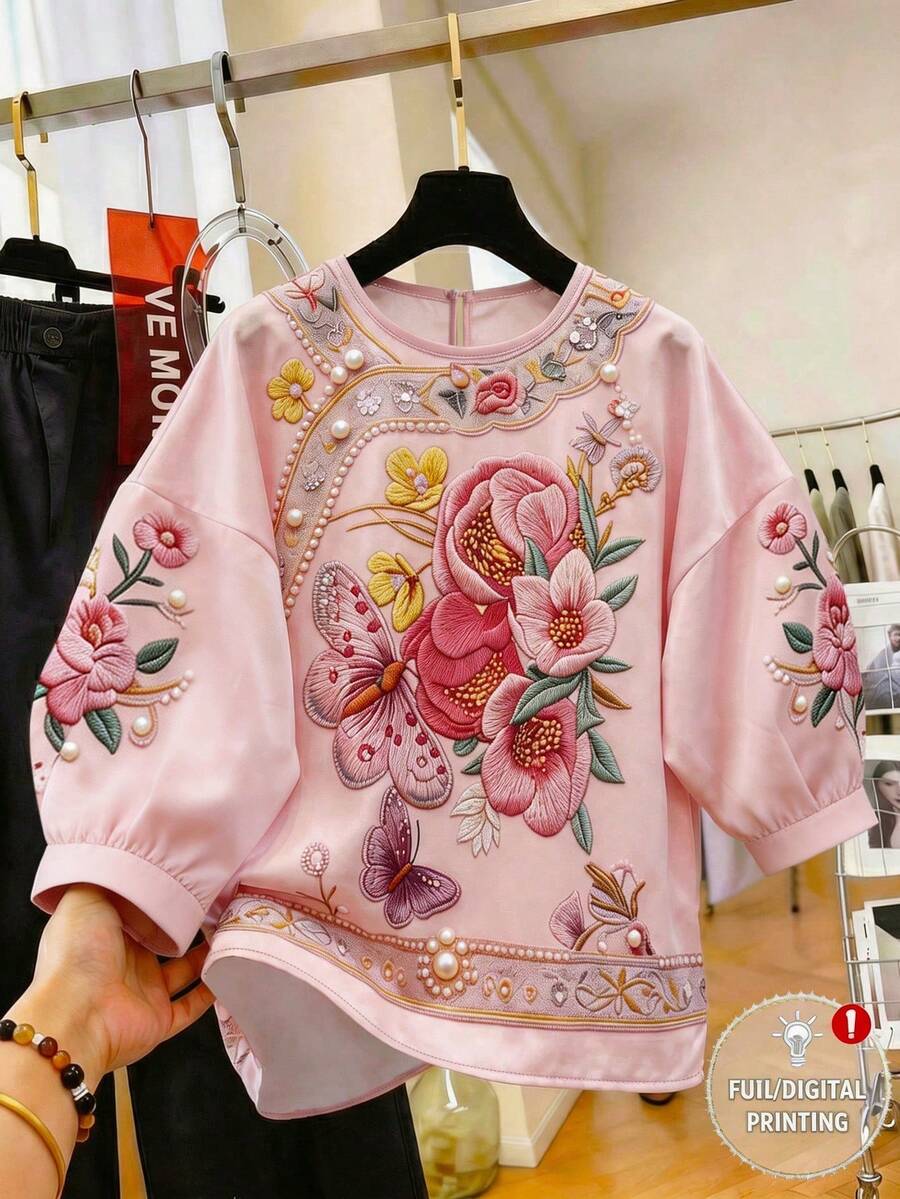 SHEIN Franclia Elegant Romantic Round Neck Printed Blouse For Women, Suitable For Travel, Vacation, Dating - Pink - View 1