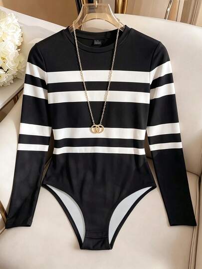 SHEIN LUNE Women's Striped Round Neck Long Sleeve Casual T-Shirt Bodysuit