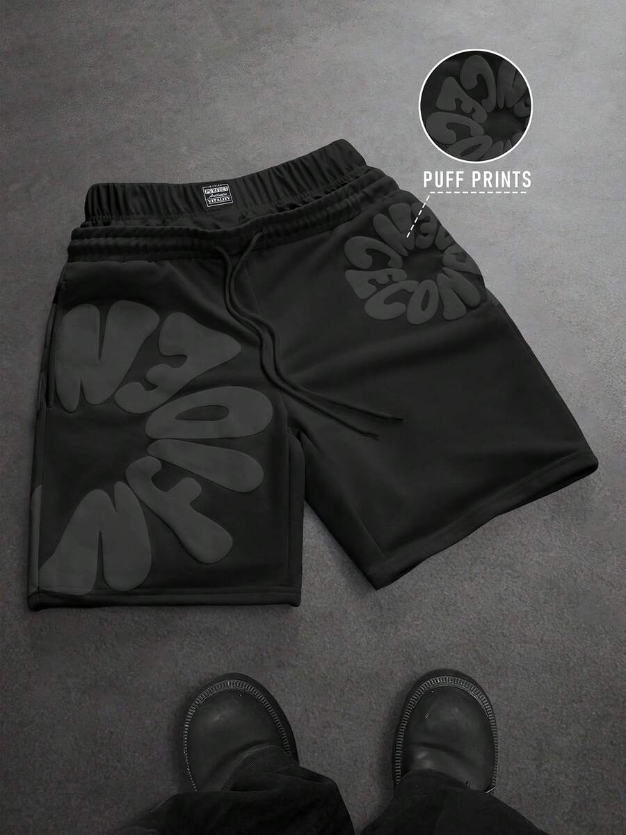 SLATEMANN 男士字母印花抽繩腰休閒百搭日常穿著短褲 - 黑色 - 查看 1