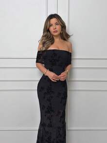 Jemour Women's Floral Mesh Ruffle Off-Shoulder Fitted Mermaid Hem Elegant Dress Sundress Cocktail Dress Black - Black - View 5