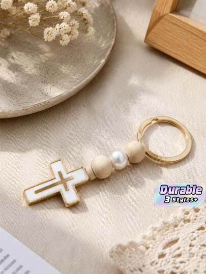 Natural Wooden Pearl Beaded Cross Keychains, Ideal As Baptism Party Favors, Prayer Ornaments, Commemorative Gifts And Small Presents For Church Events