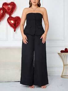SHEIN Tall CURVE 大码女士优雅约会之夜纯色露肩西装外套套装，适合工作制服、办公室、仙女、美人鱼风格 - 黑色 - 查看 4