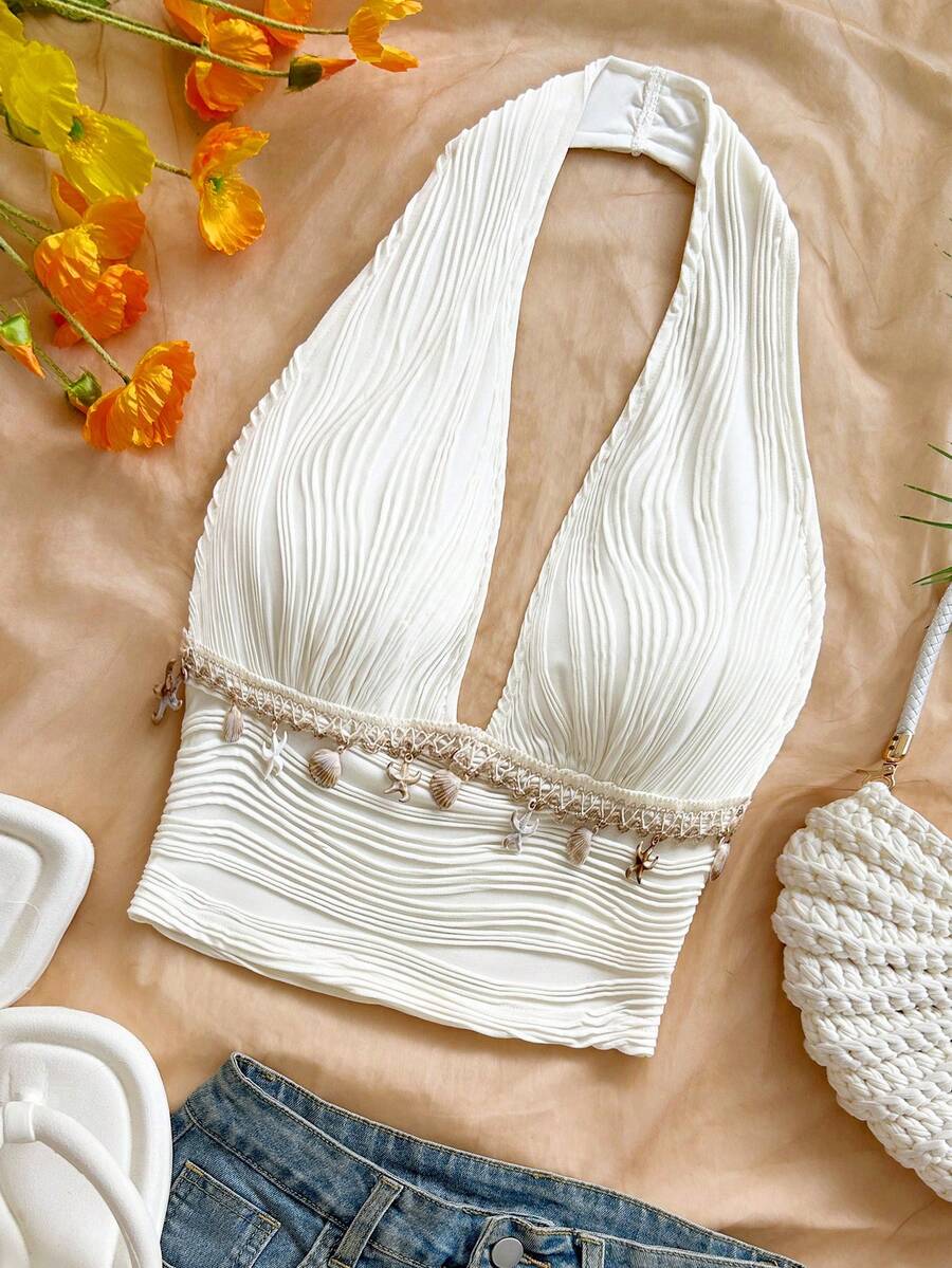 Soleia Women's Vacation Fashion Textured Shell & Starfish Tassel Decor Halter Tank Top - Apricot - View 1