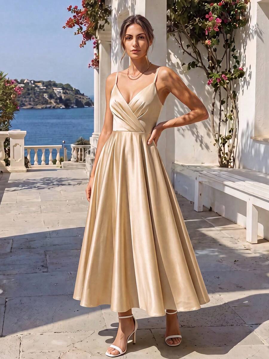Franclia Women's Champagne Sleeveless Spaghetti Strap A-Line Long Dress With Flared Hem And Zipper Closure Plain Elegant Design