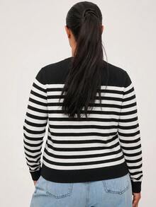 EMERY ROSE Plus Size Women's Striped Colorblock Casual Daily Cardigan Winter - Black and White - View 6