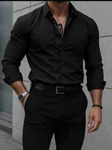 DAZY Men Solid Pocket Patched Long Sleeve Shirt, Fall Business Attire - Black - View 6