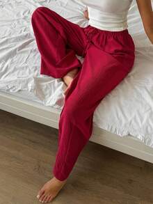 DAZY Women's Comfortable Casual Textured Drawstring Waist Long Pants Pajama Bottoms Fall - Burgundy - View 1
