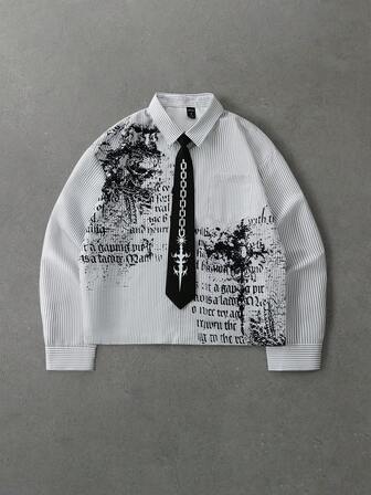 Y2K Gothic gestreiftes kurzes Hemd mit Ketten-Schwert-Schleife, Vintage-Buchstaben-Muster, Langarm-Bluse