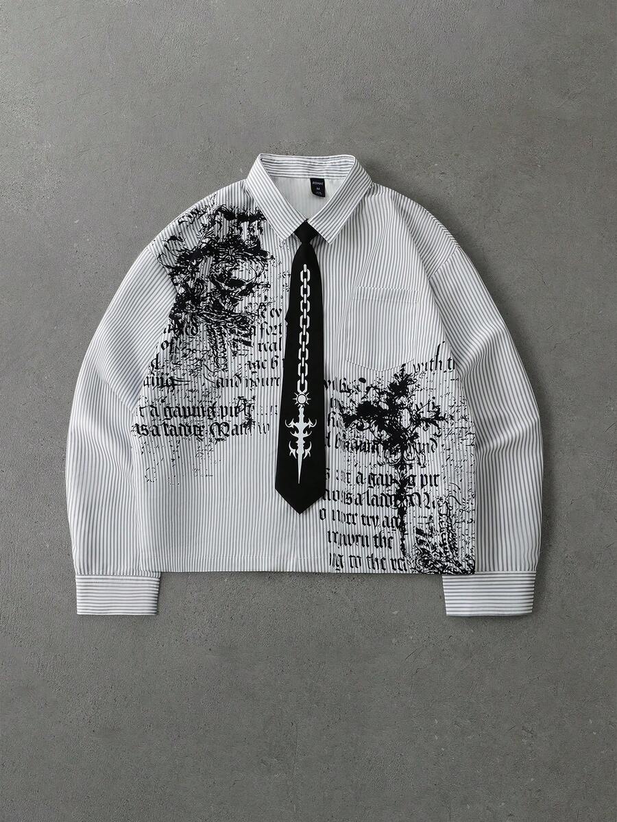 ROMWE MEN Goth Y2K哥德風條紋短版上衣,附鏈條劍領結,復古字母印花長袖襯衫 - 彩色 - 查看 1
