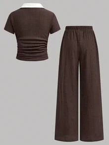 Girlism 青少年女孩 Polo 領波浪提花 T 恤與內搭褲 2 件套裝 棕色 夏季休閒學院風 校園健身返校時尚百搭套裝 - 咖啡棕 - 查看 4