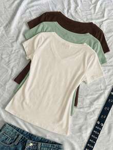 SHEIN EZwear 3件組女款夏季V領修身T恤 龐克休閒次文化動漫風 素色短袖修身款 日常居家穿搭 白色、鼠尾草綠、深褐色 - 彩色 - 查看 2