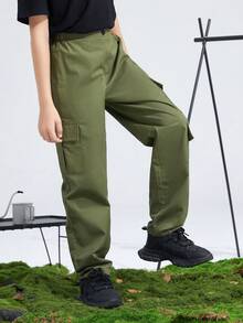 SHEIN 大童男孩運動休閒側翻蓋口袋軍綠色工裝長褲 - 軍綠色 - 查看 5