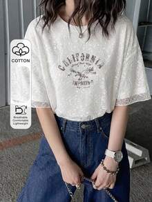 FRIFUL Women's Letter Print Round Neck Drop Shoulder T-Shirt - White - View 1