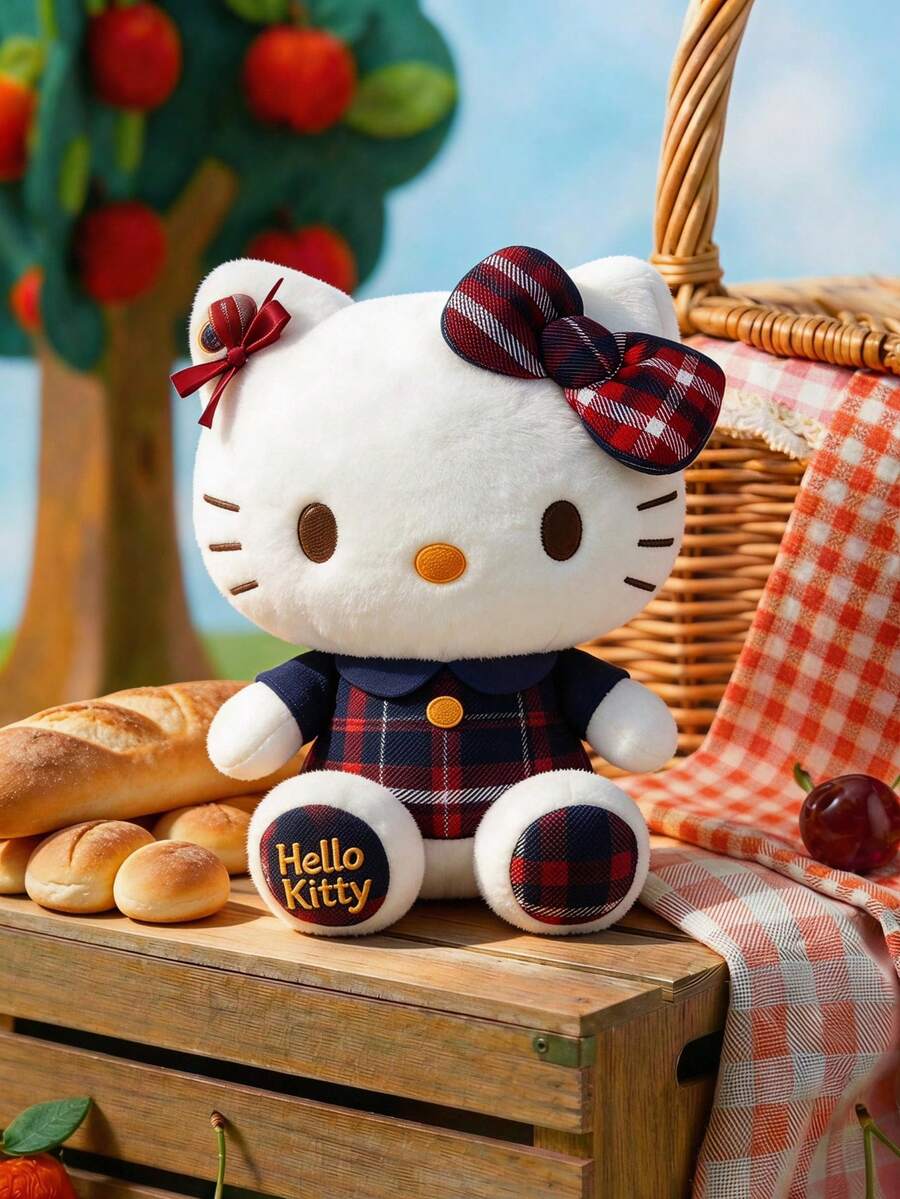 HELLO KITTY AND FRIENDS | POKOJA LAND 1件紅藍格紋裙配蝴蝶結絨毛玩具,可愛獨特表情,聚酯纖維填充動物,適合女孩、朋友、小孩作為生日、感恩節、復活節、派對禮物,也是可愛的沙發床裝飾 - 彩色 - 查看 1