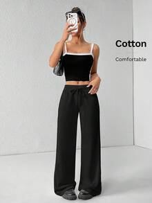 SHEIN PETITE Quần nỉ nữ ống rộng cạp thấp dệt kim trơn thoải mái phong cách thường ngày, dành cho nữ petite - màu đen - Xem 10