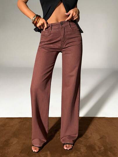 Jean large délavé à taille haute pour femme, style décontracté, avec cinq poches, coutures empiécées et ourlets effilochés. Haute qualité, confortable