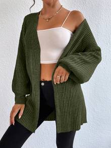 EURMUSE Casual Solid Color Drop Shoulder Loose Cardigan - Army Green - View 3
