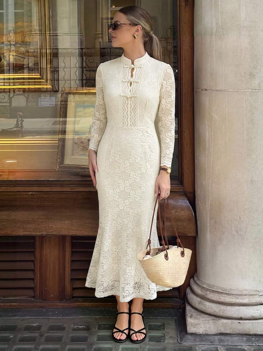 SHEIN PariChic Women's French Elegant Retro 70s White Dress Date Party Fall - Beige - View 1