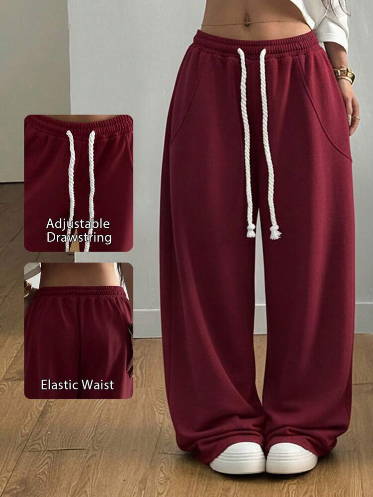 SHEIN Tall CURVE Plus Size Women's Streetwear Going Out Break Plus Size Elastic Waistband Comfortable Barrel Leg Pants Wide Leg Sweatpants Fall - Burgundy - View 1
