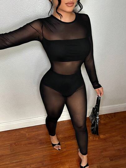 SHEIN SXY Tuta aderente sexy in rete nera trasparente con maniche lunghe