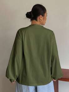 Dazy Plus White Round Neck Solid Color Casual Versatile Side Slit Design Long Sleeve T-Shirt For Spring Summer Plus Size Autumn Oversized T Shirts For Women - Army Green - View 5